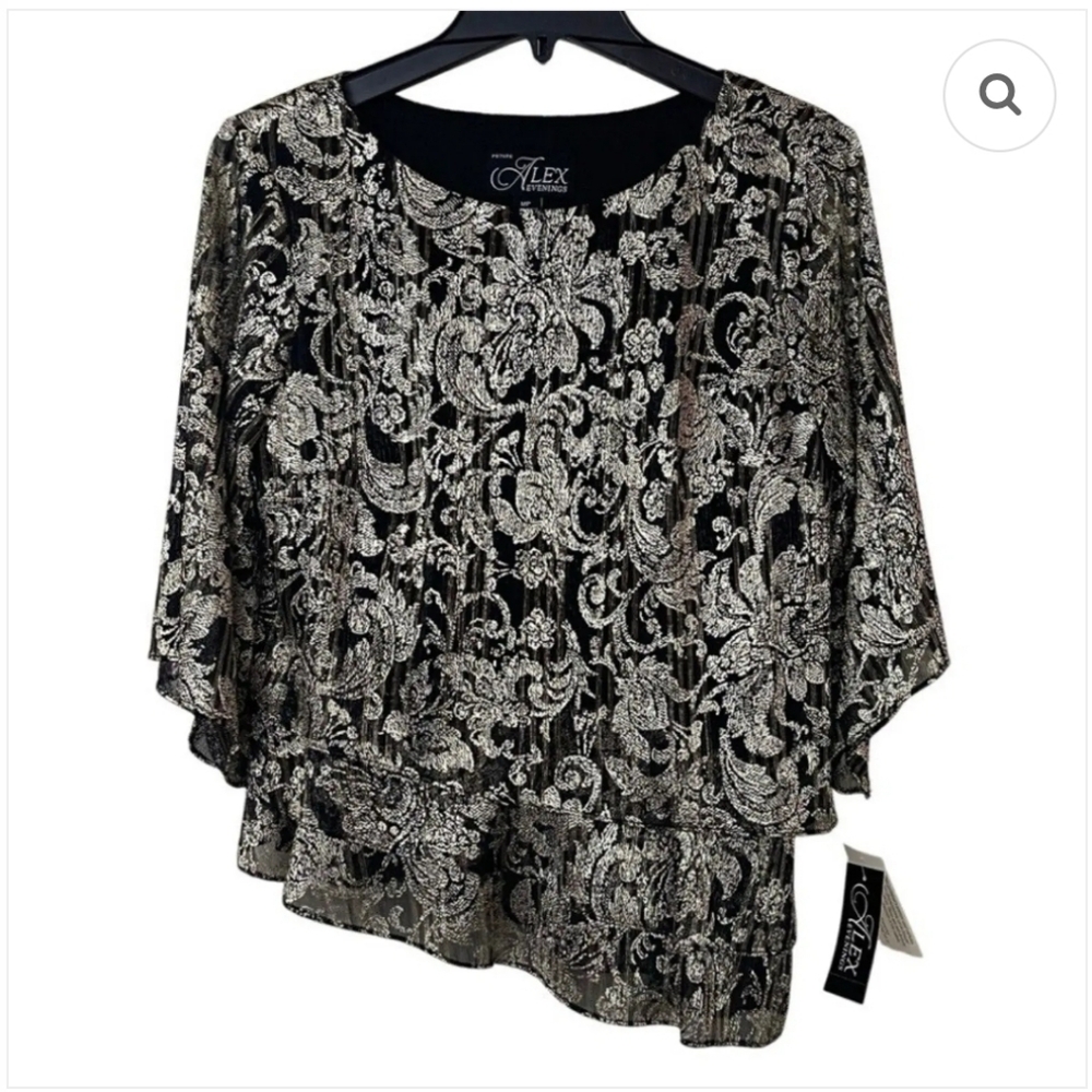 Alex Evenings Top XL Silver Tiered Blouse Burnout Mesh